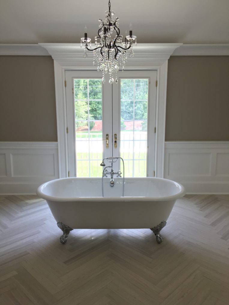 wooden beige marble bathroom james martin vanity clawfoot tub