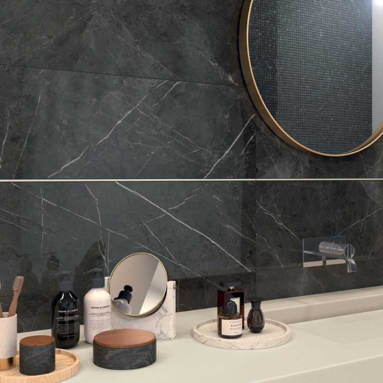 Pietra Grey LUX 30X120 + Matita alluminio white 0,5x120 A1-SEN Statuario and pietra grey