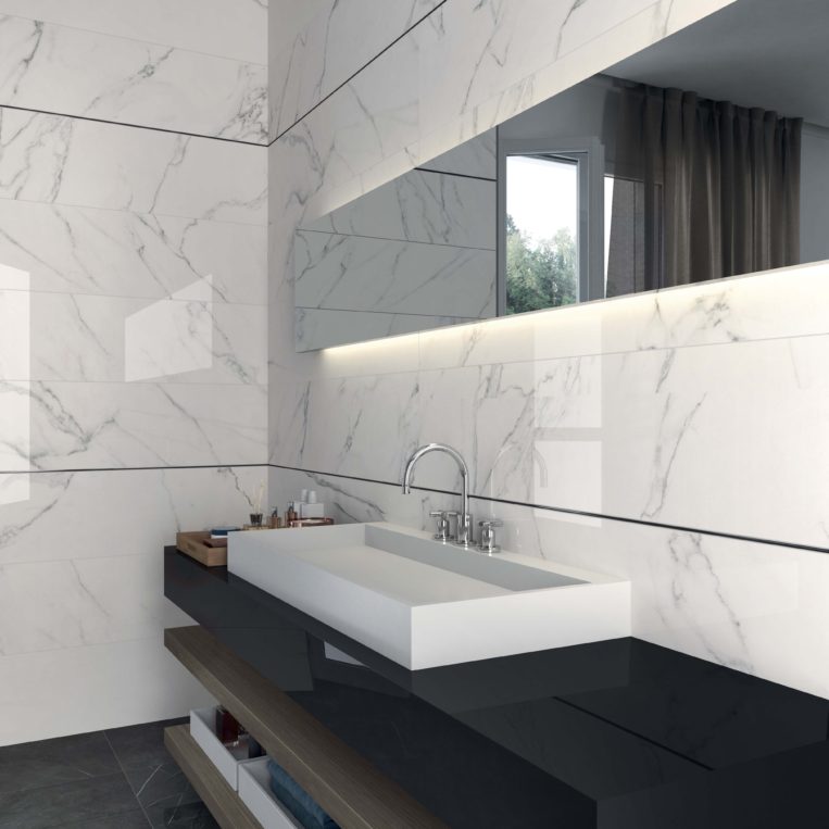 Statuario White LUX 30x120 + Matita alluminio Black 0,5x120