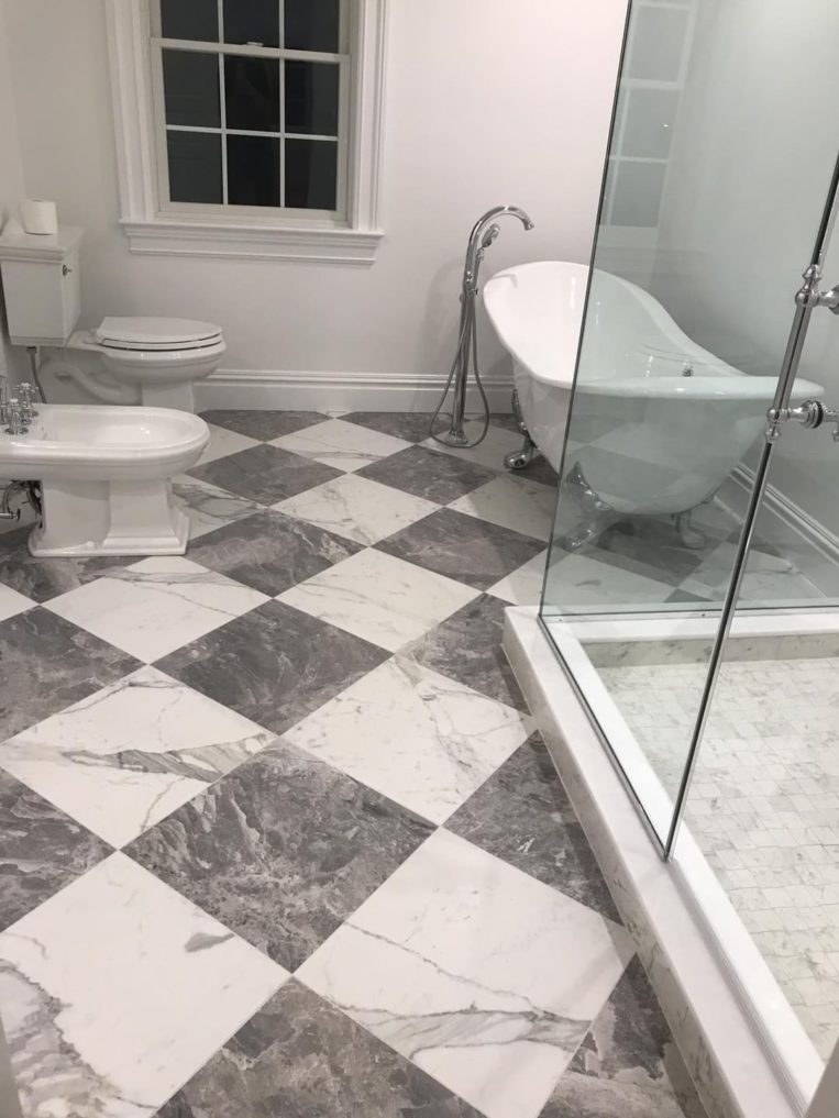 Checkerboard Gray White Squares Basketweave Shower Marble Porcelain Classic checkerboard bathroom