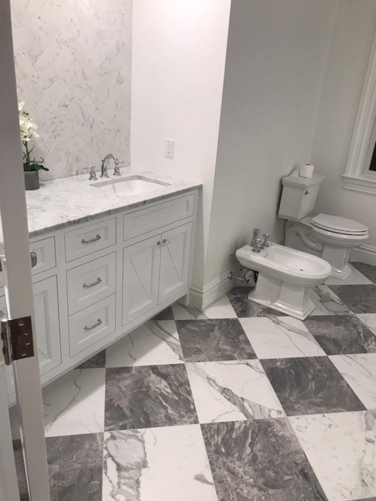Gray White Porcelain Squares Herringbone Floor Carrera Marble Bathroom classic checkerboard bathroom